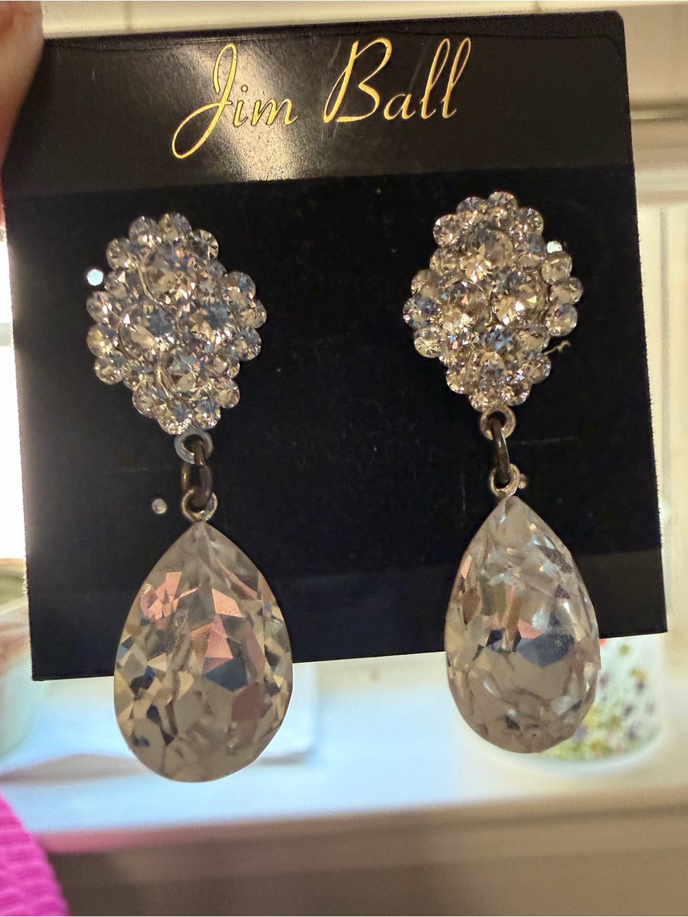Jim Ball Clear Crystal Teardrop Statement Earrings